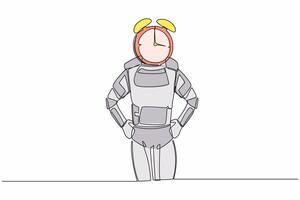 Continuous one line drawing of young astronaut with alarm clock instead of head. Spaceman stress in spaceship exploration project. Cosmonaut outer space. Single line graphic design vector illustration