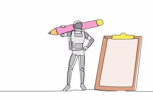 Single continuous line drawing young astronaut carrying big pencil and looking clipboard in moon surface. Checklist of spaceship duty. Cosmonaut deep space. One line graphic design vector illustration
