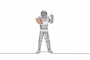 Single one line drawing of young astronaut holding clipboard and pointing index finger up in moon surface. Cosmic galaxy space concept. Modern continuous line draw graphic design vector illustration