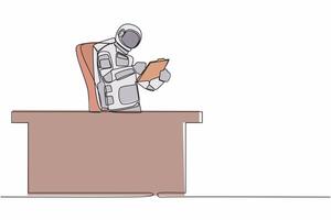 Single one line drawing of young astronaut sitting on chair near office desk and showing clipboard in moon surface. Cosmic galaxy space concept. Continuous line draw graphic design vector illustration