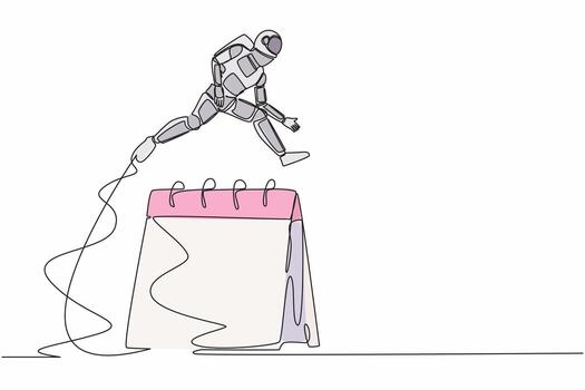 Continuous one line drawing of young astronaut jumping over big calendar. Planning and schedule spaceship expedition project. Cosmonaut outer space. Single line draw graphic design vector illustration