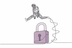 Single one line drawing astronaut jumping padlock. Space company protection security. Success expedition key accessibility. Cosmic galaxy space. Continuous line draw graphic design vector illustration