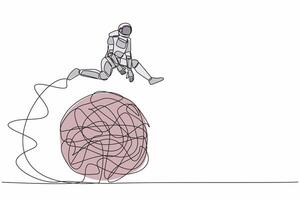 Continuous one line drawing young astronaut jumping over messy line in moon surface. Overcoming complexity of space problem. Cosmonaut outer space. Single line draw graphic design vector illustration