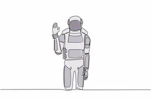 soltero continuo línea dibujo joven astronauta en pie con palma como detener señal, permanecer, sostener, rechazo gesto. cosmonauta profundo espacio concepto. dinámica uno línea dibujar gráfico diseño vector ilustración