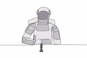 Continuous one line drawing of young astronaut sitting and moving forward chess king piece. Tactic and strategy in space company. Cosmonaut outer space. Single line graphic design vector illustration