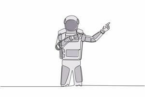 Single one line drawing young astronaut pointing away hands together and showing or presenting something in moon surface. Cosmic galaxy space. Continuous line draw graphic design vector illustration