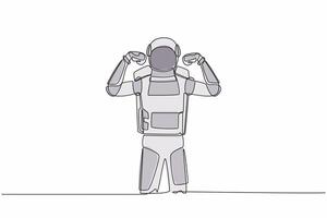 Single continuous line drawing astronaut standing with gestures two hand fist up. Strong spaceman exploration galaxy with spaceship. Cosmonaut deep space. One line graphic design vector illustration