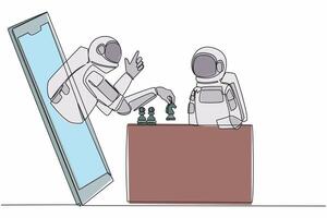 Single continuous line drawing two astronaut sitting at table and playing online chess. One player shows how to play from smartphone. Cosmonaut deep space. One line graphic design vector illustration