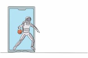 continuo uno línea dibujo astronauta baloncesto jugador corriendo y regate con pelota fuera de teléfono inteligente pantalla. en línea baloncesto. cosmonauta exterior espacio. soltero línea dibujar diseño vector ilustración