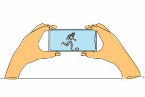 Continuous one line drawing football league live streaming on mobile phone. Man hand holding smartphone and watch spaceman football match. Cosmonaut outer space. Single line design vector illustration