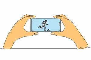 Continuous one line drawing football league live streaming on mobile phone. Man hand holding smartphone and watch spaceman football match. Cosmonaut outer space. Single line design vector illustration