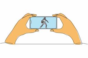 Single continuous line drawing basketball league live streaming. Man hands holding smartphone, watch spaceman basketball match online. Cosmonaut deep space. One line graphic design vector illustration