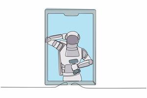 Continuous one line drawing astronaut online fitness trainer. Spaceman with dumbbells on phone screen. Training via Internet video call. Cosmonaut outer space. Single line design vector illustration