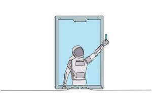 Continuous one line drawing of astronaut soccer referee showing yellow card out of smartphone screen. Smartphone with app soccer football. Cosmonaut outer space. Single line design vector illustration