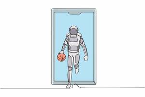 continuo uno línea dibujo astronauta baloncesto jugador corriendo y regate con pelota fuera de teléfono inteligente pantalla. aplicación baloncesto. cosmonauta exterior espacio. soltero línea gráfico diseño vector ilustración