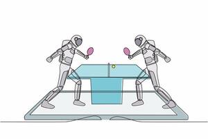 Single continuous line of drawing table tennis court with two astronaut players on smartphone screen. Professional sports competition. Cosmonaut deep space. One line graphic design vector illustration