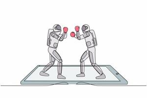 Single continuous line drawing boxing ring with two astronaut boxers on smartphone screen. Boxing fight duel during match, mobile app. Cosmonaut deep space. One line graphic design vector illustration