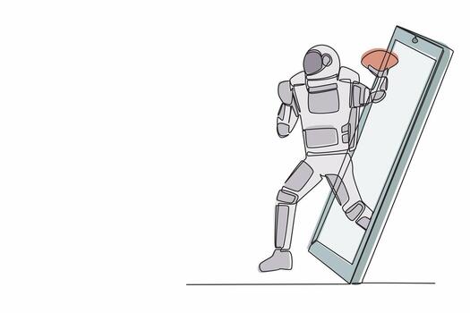 Single one line drawing of american football astronaut player running getting out of smartphone screen. Cosmic galaxy space. Online game mobile app. Continuous line graphic design vector illustration
