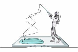 Single continuous line drawing astronaut fishing on smartphone screen. Spaceman standing and fishing with rod. Fisherman mobile app. Cosmonaut deep space. One line graphic design vector illustration