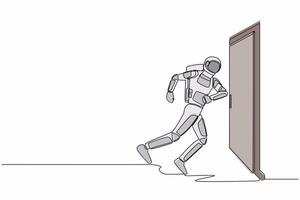 Single one line drawing young astronaut running wants to break down door. Spaceship expedition struggle. Strength for success. Cosmic galaxy space. Continuous line graphic design vector illustration