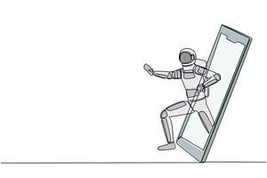 Single one line drawing astronaut karateka stance and getting out of smartphone screen. Mobile sports play matches. Duel martial art online game. Continuous line draw design vector illustration