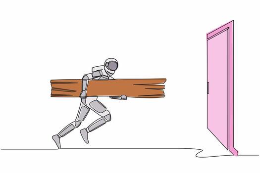 Single continuous line drawing of young astronaut holding large log and destroying door. Overcome challenges and obstacles with power. Cosmonaut deep space. One line graphic design vector illustration