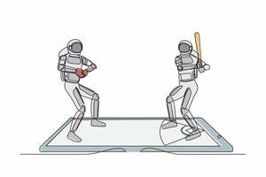 soltero uno línea dibujo béisbol campo con dos astronauta jugadores en teléfono inteligente pantalla. en línea béisbol juegos. teléfono inteligente aplicaciones cósmico galaxia espacio. continuo línea diseño vector ilustración