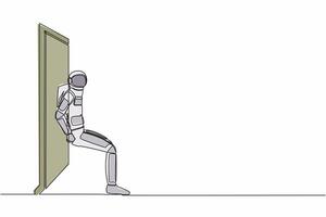 Continuous one line drawing of young astronaut pushing door with his back. Spaceman overcoming obstacles in spaceship expedition. Cosmonaut outer space. Single line graphic design vector illustration