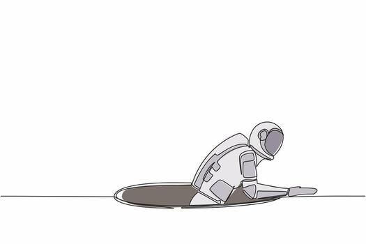 Single continuous line drawing astronaut trying to get out of from hole, metaphor to facing big problem. Spaceship business struggles. Cosmonaut deep space. One line graphic design vector illustration