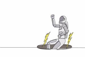 Single continuous line drawing young astronaut fell into manhole underground sewer. Spaceman fell into sewage. Space business failure. Cosmonaut deep space. One line graphic design vector illustration