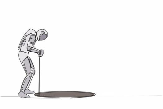 Single continuous line drawing of astronaut stretch out rope into hole. Spaceman wondering and looking at hole. Spaceship exploration. Cosmonaut deep space. One line graphic design vector illustration