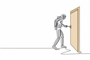 Single one line drawing astronaut insert key into keyhole which is on the door. Spaceman open office room door in moon surface. Cosmic galaxy space. Continuous line graphic design vector illustration