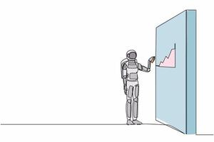 Single continuous line drawing astronaut drawing profit graph on wall in moon surface. Analysis economic opportunity in space company. Cosmonaut deep space. One line graphic design vector illustration