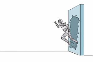 soltero continuo línea dibujo joven astronauta correr y rotura mediante ladrillo pared en Luna superficie. futuro astronave tecnología desarrollo. cosmonauta profundo espacio. uno línea gráfico diseño vector ilustración