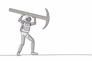Single continuous line drawing astronaut standing and lifting big pickaxe. Depicts hard work and achievement, in galactic discovery. Cosmonaut deep space. One line graphic design vector illustration