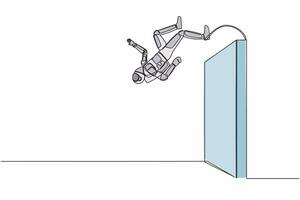 Continuous one line drawing young astronaut jumping over brick wall with acrobatic style. Successful in interstellar expedition. Cosmonaut outer space. Single line graphic design vector illustration