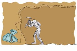 soltero continuo línea dibujo de joven astronauta excavación con pico en Luna subterráneo túnel a obtener diamante. cosmonauta profundo espacio concepto. dinámica uno línea dibujar gráfico diseño vector ilustración