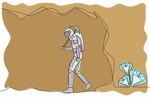 Single one line drawing astronaut give up before reach diamonds. Stop digging with pickaxe, not knowing diamond almost revealed. Cosmic galaxy space. Continuous line graphic design vector illustration