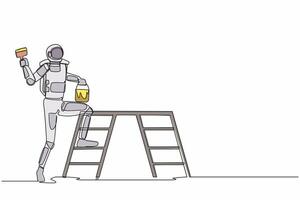 Single continuous line drawing astronaut standing with painting roller, bucket and ladder. Home decoration. Preparation house renovation. Cosmonaut deep space. One line draw design vector illustration