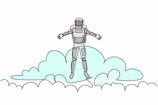 Continuous one line drawing young astronaut on top of cloud with raised hand. Successful future spaceship technology development. Cosmonaut outer space. Single line graphic design vector illustration
