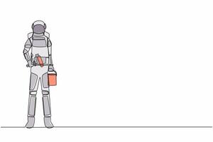 Continuous one line drawing astronaut holds roller with paint and bucket of paint. Future house decoration. Preparation home reparation. Cosmonaut outer space. Single line design vector illustration