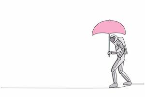 Single one line drawing young astronaut walking with umbrella under rain cloud. Failed in spacecraft exploration project. Cosmic galaxy space. Continuous line draw graphic design vector illustration