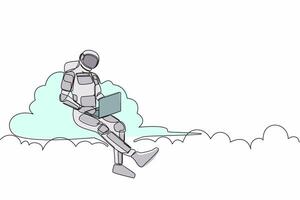 Continuous one line drawing astronaut sitting on cloud in sky and working with laptop. Wireless internet connection in space control. Cosmonaut outer space. Single line draw design vector illustration