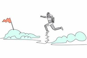 Single one line drawing astronaut jump over clouds to reach success, target, flag. Taking risk spaceship business project. Cosmic galaxy space. Continuous line draw graphic design vector illustration