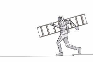 Single one line drawing astronaut repairman walking with ladder. Renovation home. Preparation house reparation in moon surface. Cosmic galaxy space. Continuous line graphic design vector illustration