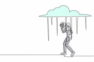 Continuous one line drawing young astronaut walking under rain cloud. Loneliness in overcast weather. Space company bankruptcy . Cosmonaut outer space. Single line graphic design vector illustration