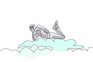 Single one line drawing young astronaut lay on clouds. Relaxes and resting after spaceship interstellar expedition. Cosmic galaxy space concept. Continuous line draw graphic design vector illustration