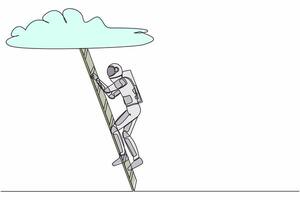 Single one line drawing young astronaut climbing up ladder to cloud. Spaceman career path growth in space industry. Cosmic galaxy space concept. Continuous line draw graphic design vector illustration
