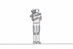 Continuous one line drawing two astronaut embracing each other closely feeling comfort. Father and son meeting after long parting. Cosmonaut outer space. Single line graphic design vector illustration