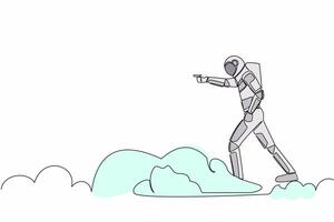 Single one line drawing young astronaut riding cloud on sky, pointing forward, go to future innovation of space industry. Cosmic galaxy space. Continuous line draw graphic design vector illustration